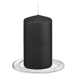 Foto van Trend candles - stompkaarsen met glazen onderzetters set van 2x stuks - zwart 6 x 12 cm - stompkaarsen