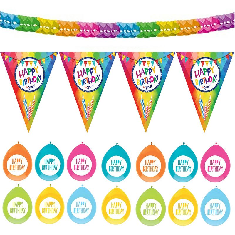 Foto van Verjaardag versiering pakket happy birthday - ballonnen/vlaggetjes/feestslinger - feestpakketten