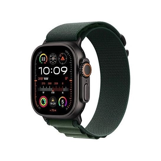 Foto van Apple watch ultra 2 gps + cellular 49mm titanium case met dark green alpine loop - large smartwatch zwart