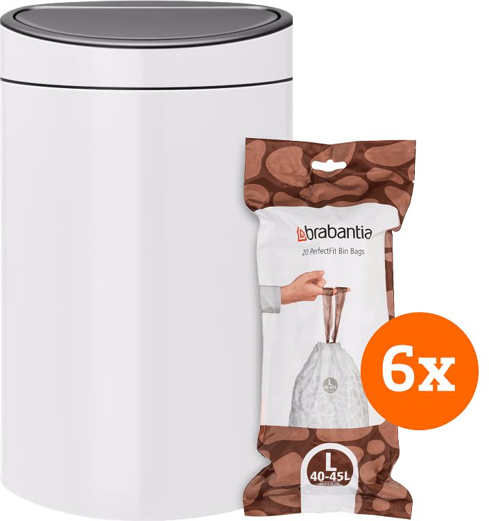 Foto van Brabantia touch bin 40 liter white + vuilniszakken (120 stuks)