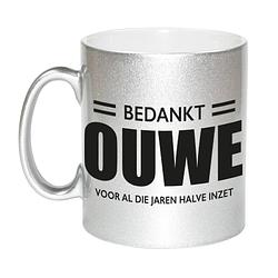 Foto van Bedankt ouwe voor de halve inzet pensioen mok / beker zilver afscheidscadeau 330 ml - feest mokken