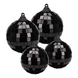 Foto van Grote discobal kerstballen - 4x stuks - zwart - 6 en 8 cm - kunststof - kerstbal