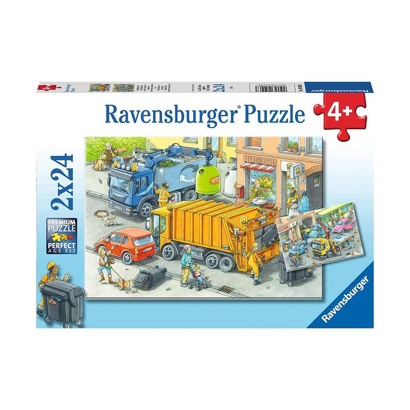 Foto van Ravensburger kinderpuzzel 2x24 stukjes vuilniswagen en sleepwagen