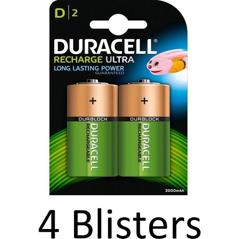 Foto van 8 stuks (4 blisters a 2 st) duracell d oplaadbare batterijen