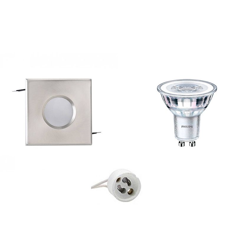 Foto van Led spot set - aigi - gu10 fitting - waterdicht ip65 - inbouw vierkant - mat chroom - 82mm - philips - corepro 840 36d -