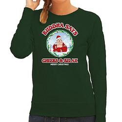 Foto van Bellatio decorations foute kersttrui/sweater voor dames - buddha says cheers & relax - groen - wijn l - kerst truien