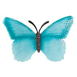 Foto van Tuindecoratie vlinder van metaal turquoise/blauw 40 cm - schutting/muur decoratie vlinders - dierenbeelden