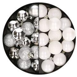Foto van 28x stuks kleine kunststof kerstballen wit en zilver 3 cm - kerstbal