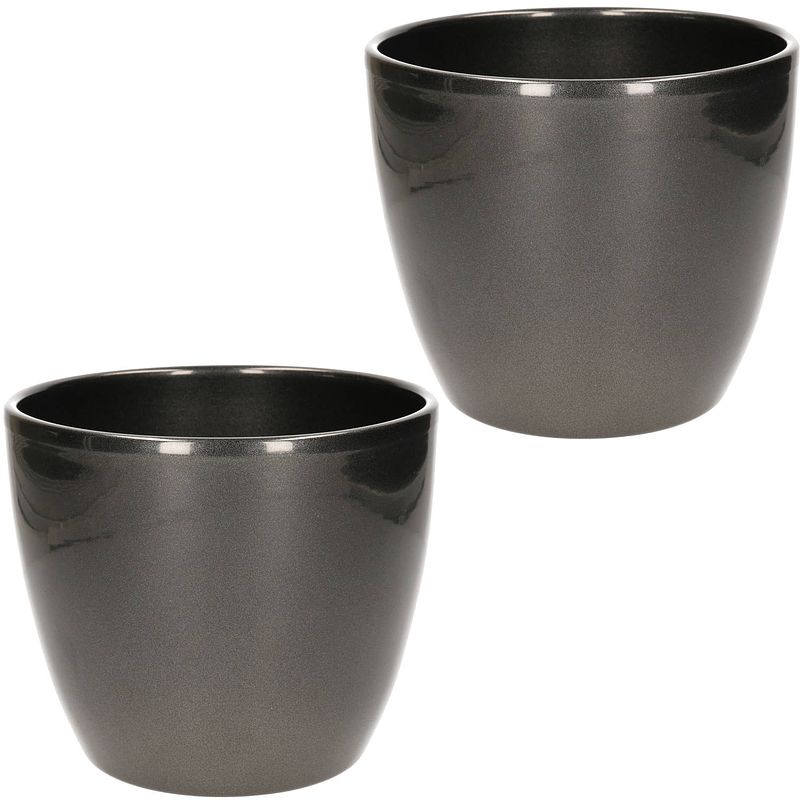 Foto van 2x stuks bloempot glanzend zilver metallic keramiek voor kamerplant h15 x d17.5 cm - plantenpotten