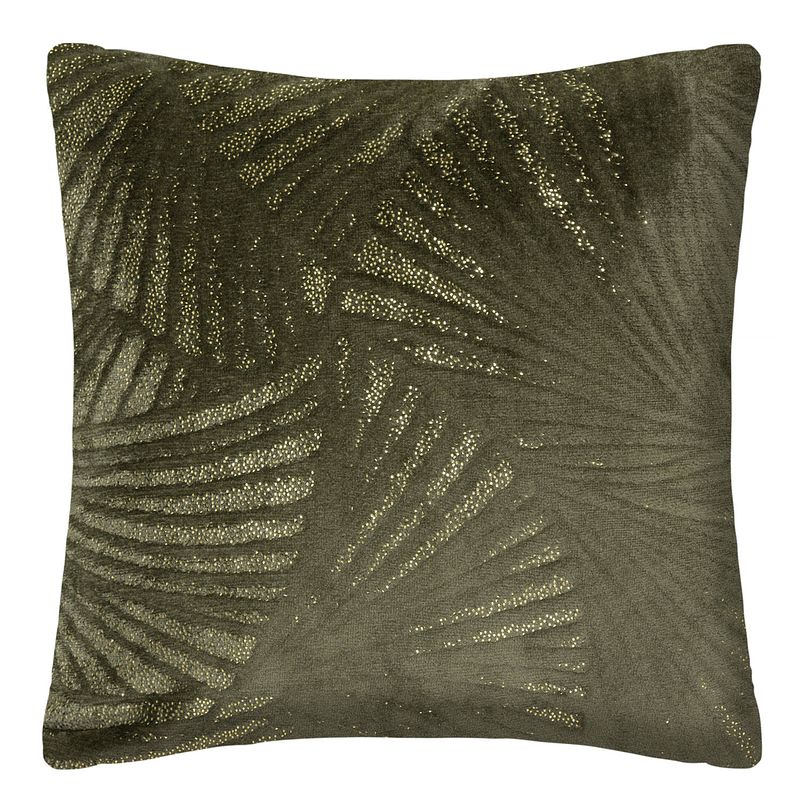 Foto van Casa di elturo sierkussen velvet leafs - khaki groen - goud - 40 x 40 cm (incl. vulling)