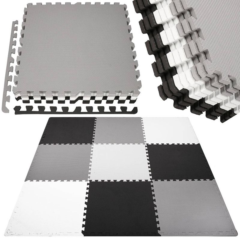 Foto van Speelmat speelmat foam puzzelmat 9 puzzelstukken 179 x 179 cm zwart/grijs/wit