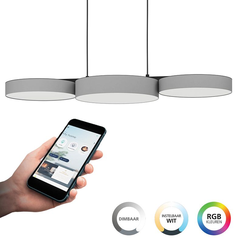 Foto van Eglo connect.z barbano-z hanglamp - 82 cm - grijs/wit - instelbaar rgb & wit licht - dimbaar - zigbee