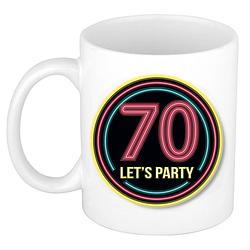 Foto van Verjaardag mok / beker - lets party 70 jaar - neon - 300 ml - verjaardagscadeau - feest mokken