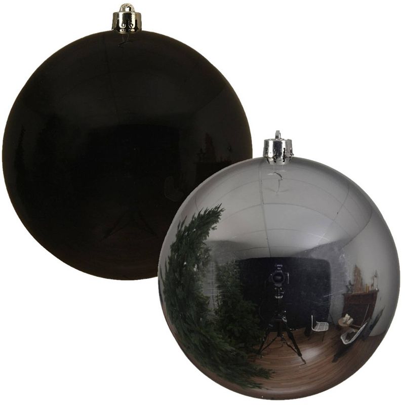 Foto van Kerstversieringen set van 6x grote kunststof kerstballen zwart en zilver 14 cm glans - kerstbal