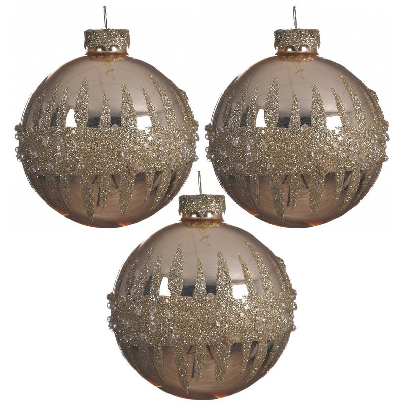 Foto van 3x stuks luxe glazen kerstballen goud met glitters en steentjes 8 cm - kerstbal