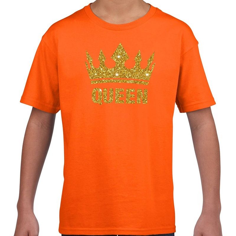 Foto van Oranje queen gouden glitter kroon - t-shirt kinderen - oranje koningsdag kleding xl (158-164)