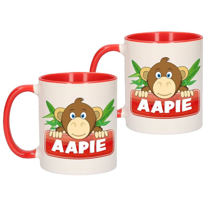 Foto van 2x stuks kinder apen mok / beker aapie rood / wit 300 ml - bekers