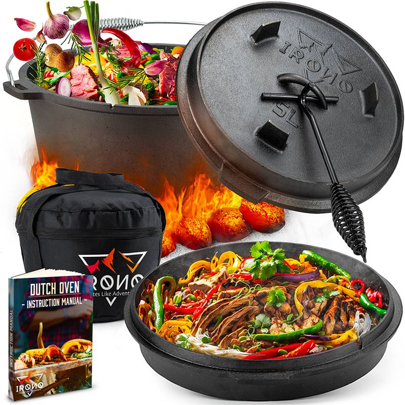 Foto van Awemoz dutch oven - pan gietijzer - 5 liter - gietijzeren pan bbq 4-delig - multifunctionele kookset - outdoor cooking