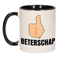 Foto van Beterschap duimpje omhoog cadeau mok / beker zwart 300 ml - feest mokken