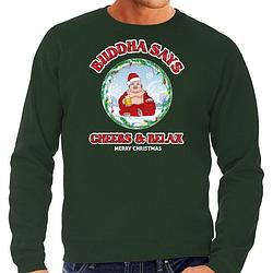 Foto van Bellatio decorations foute kersttrui/sweater heren - buddha says cheers & relax - groen - bier 2xl - kerst truien