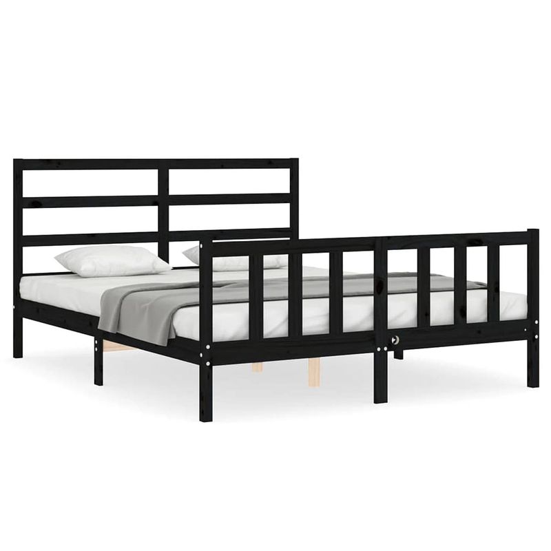 Foto van The living store grenenhouten bedframe - zwart - 205.5 x 165.5 x 100 cm - multiplex lattenbodem