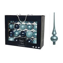 Foto van 42x stuks glazen kerstballen ijsblauw (blue dawn)/donkerblauw 5-6-7 cm inclusief ijsblauwe piek - kerstbal