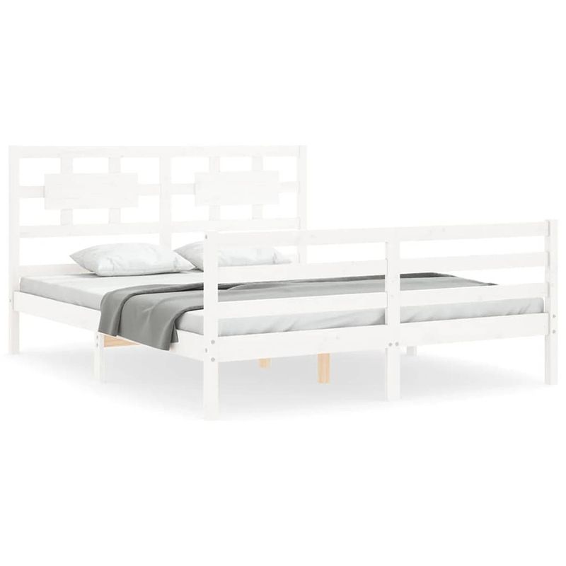 Foto van The living store bed grenenhout wit - 205.5 x 165.5 x 100 cm - multiplex lattenbodem - functioneel hoofd- en