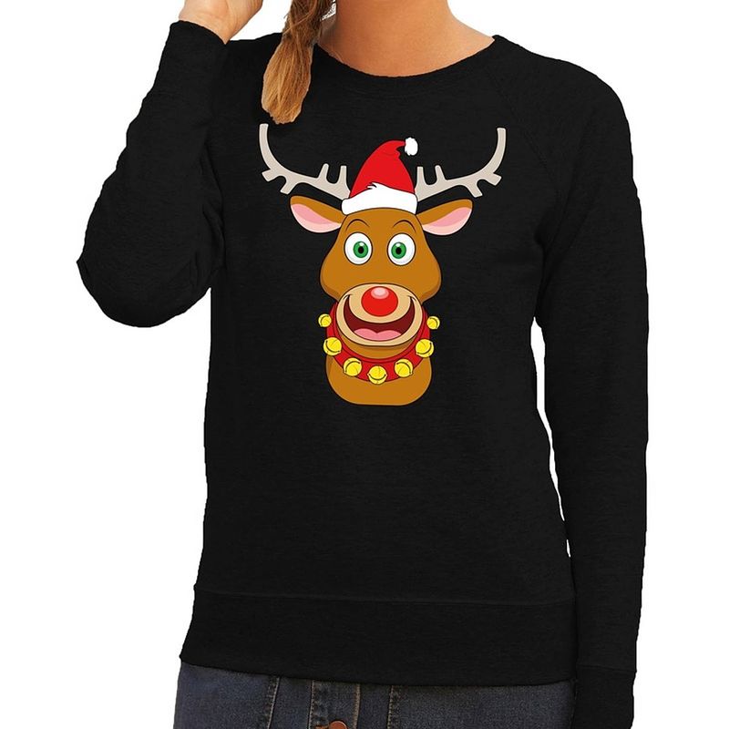 Foto van Foute kersttrui / sweater met rudolf het rendier met rode kerstmuts zwart voor dames - kersttruien m (38)