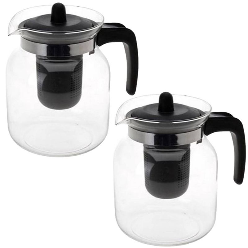 Foto van 2x stuks glazen transparante theepot 1,5 liter met zwart filter - theepotten