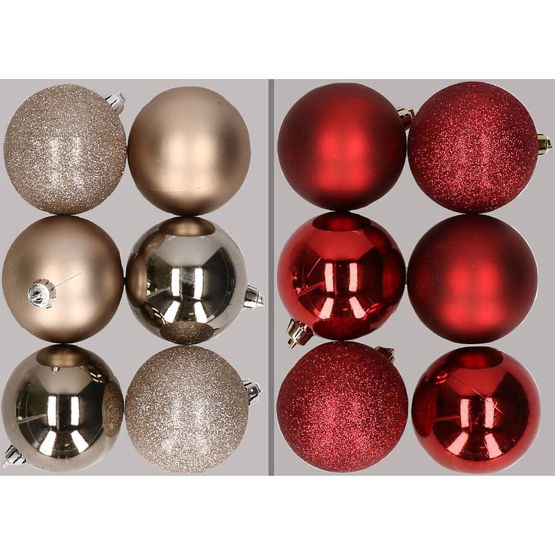 Foto van 12x stuks kunststof kerstballen mix van champagne en donkerrood 8 cm - kerstbal