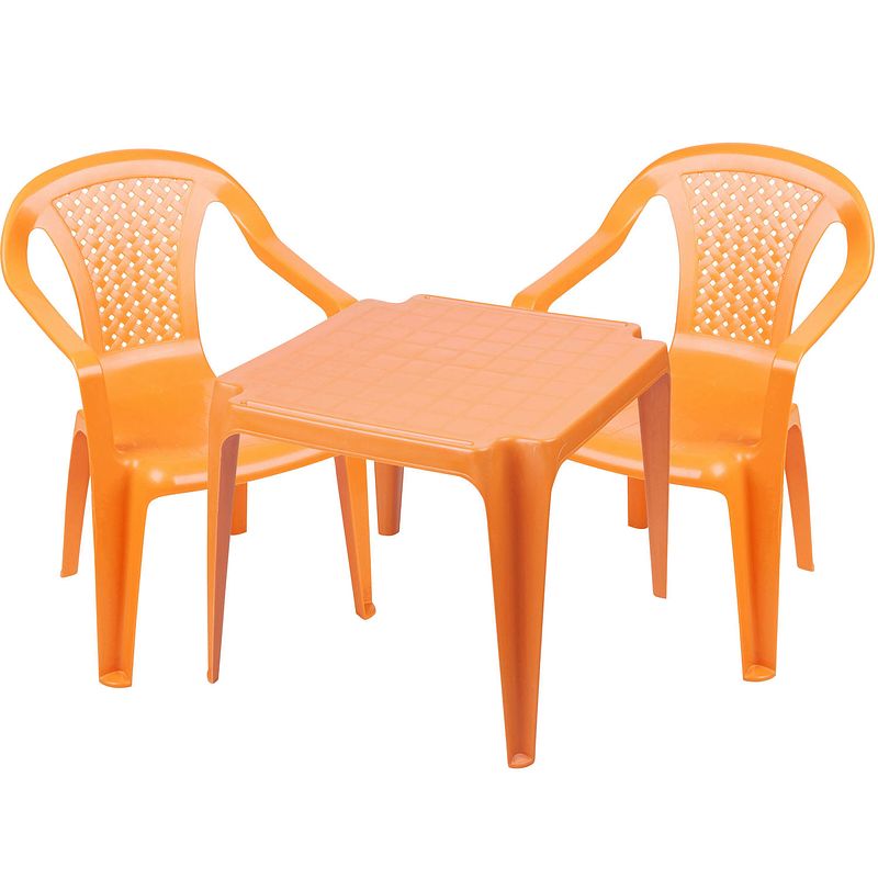 Foto van Sunnydays kinderstoelen 4x met tafeltje set - buiten/binnen - oranje - kunststof - kinderstoelen