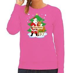 Foto van Bellatio decorations foute kersttrui/sweater dames - kerstman en rudolf - roze - merry christmas m - kerst truien