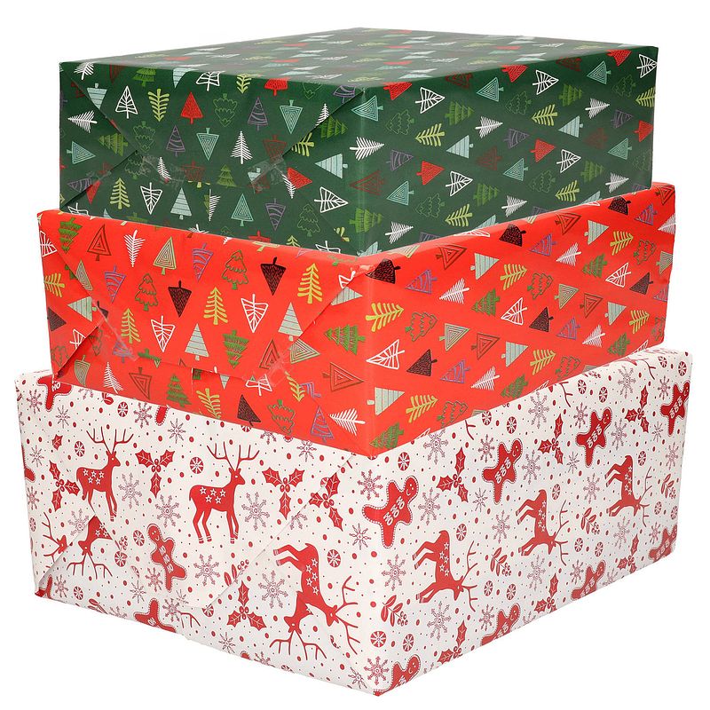 Foto van Bellatio decorations - 9x luxe kerst cadeaupapier rollen in 3-stijlen - cadeaupapier