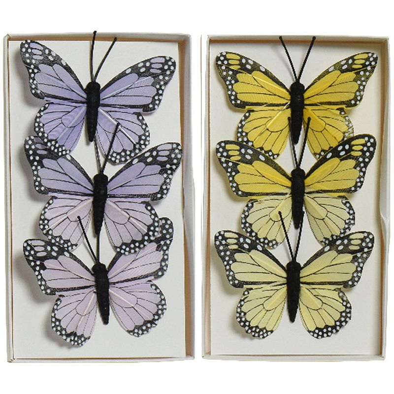 Foto van 6x stuks decoratie vlinders op draad - geel - paars - 6 cm - hobbydecoratieobject