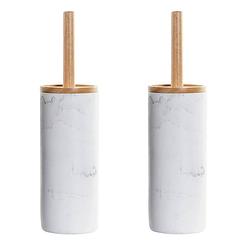 Foto van Set van 2x stuks toiletborstel wit met marmer look houder van polyresin 38 cm - toiletborstels
