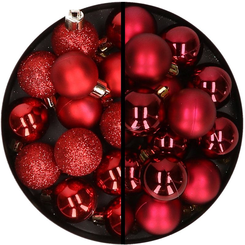 Foto van 36x stuks kunststof kerstballen rood en donkerrood 3 en 4 cm - kerstbal