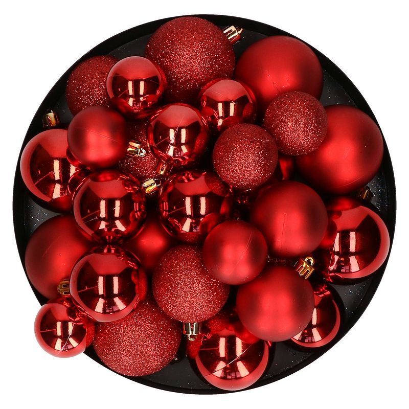 Foto van Kerstballen - 30x st - rood - 4, 5, 6 cm - kunststof - mat-glans-glitter - kerstbal