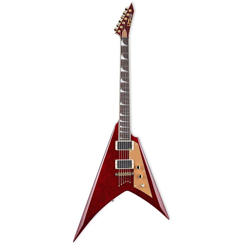 Foto van Esp ltd kirk hammett signature kh-v red sparkle elektrische gitaar met koffer