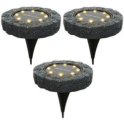 Foto van Lumineo solar grond prikspot/tuinspot - 3x - kunststeen - steengrijs - 11 x 2 cm - prikspotjes