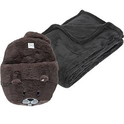 Foto van Fleece deken donkergrijs 125 x 150 cm met voetenwarmer slof bever one size - voetenwarmers