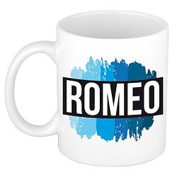 Foto van Naam cadeau mok / beker romeo met blauwe verfstrepen 300 ml - naam mokken