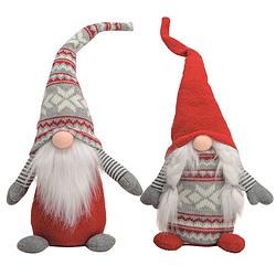 Foto van Set van 2x pluche gnome/dwerg decoratie poppen/knuffels rood/grijs - kerstman pop