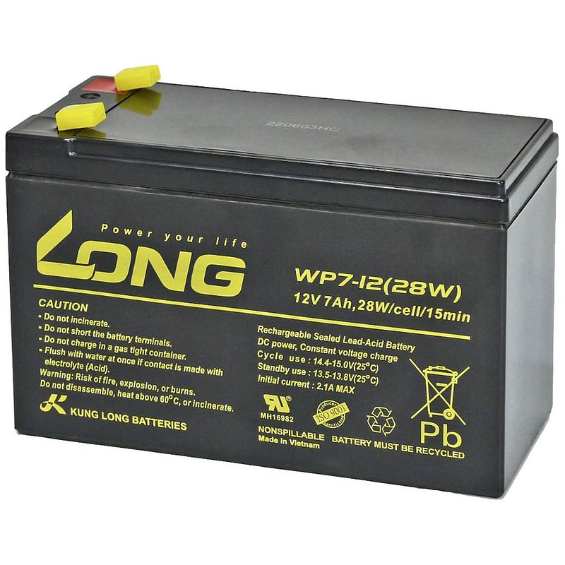 Foto van Long wp7-12(28w)-m/f1 loodaccu 12 v 7 ah loodvlies (agm) (b x h x d) 151 x 102 x 65 mm kabelschoen 4.8 mm vds-certificering, geringe zelfontlading,