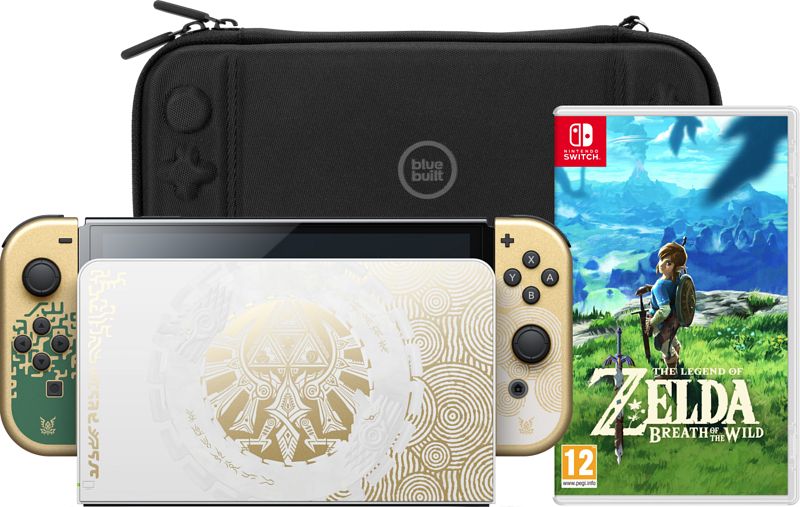 Foto van Nintendo switch oled zelda edition + zelda: breath of the wild + bluebuilt beschermhoes