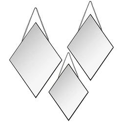 Foto van Set van 3x spiegels/wandspiegels ruit metaal zwart met ketting - spiegels