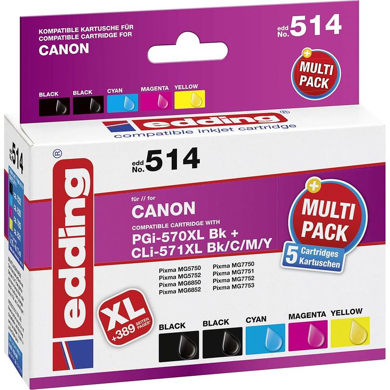 Foto van Edding inkt vervangt canon pgi-570 xl, cli-571 xl compatibel combipack zwart, foto zwart, cyaan, magenta, geel edding 514 18-514