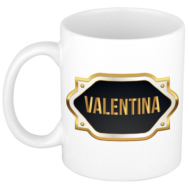 Foto van Naam cadeau mok / beker valentina met gouden embleem 300 ml - naam mokken