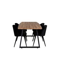 Foto van Incanabl eethoek eetkamertafel udtræksbord længde cm 160 / 200 el hout decor en 4 velvet eetkamerstal velours zwart.