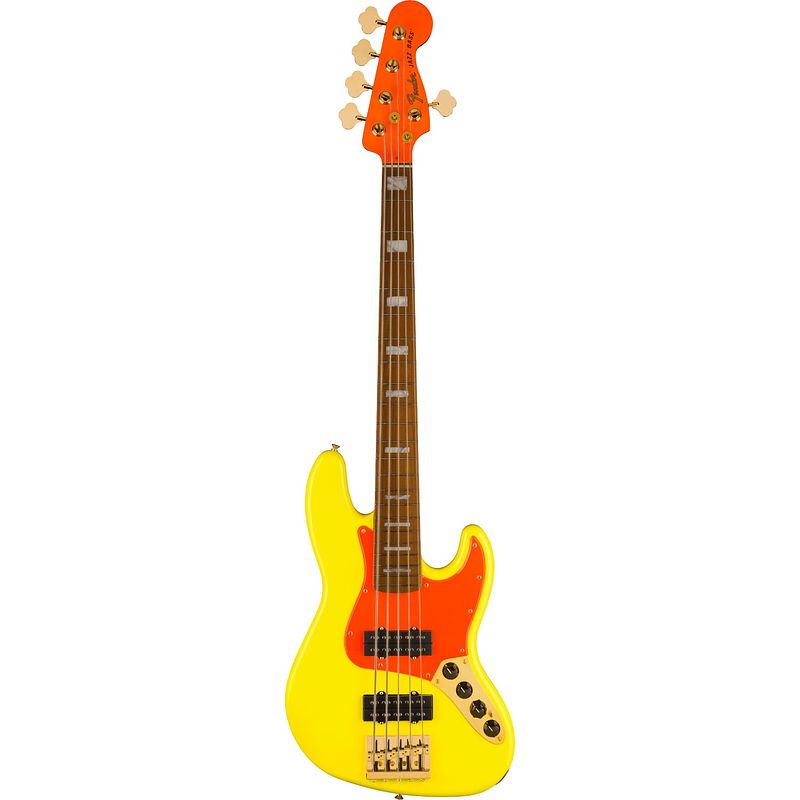 Foto van Fender mononeon jazz bass v neon yellow mn signature 5-snarige elektrische basgitaar met deluxe gigbag