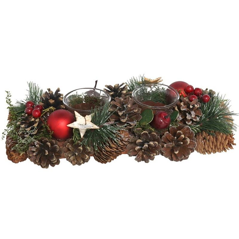 Foto van Kerst thema kaarsenhouder ornament red/green nature 30 x 15 x 8 cm - waxinelichtjeshouders